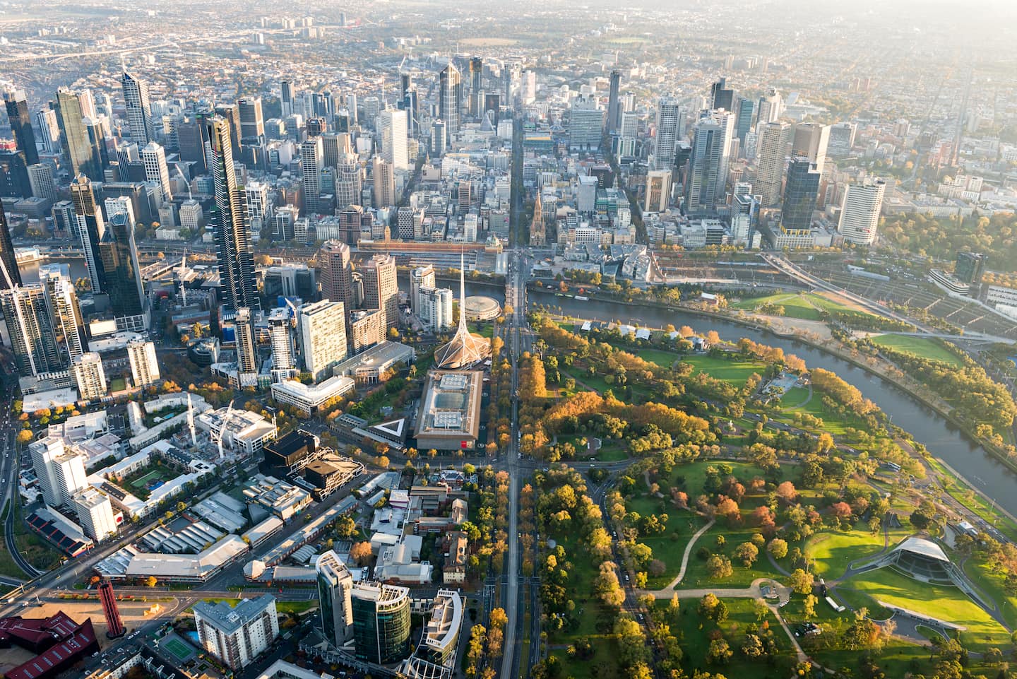 Melbourne city skyline with park and river
